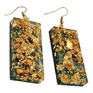 Green Bold 3D Floating Cloud Shimmer Gold Foil Domino Earrings